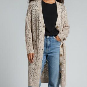 Khaki Openwork Knit Cardigan Sweater | Longline | Button Front | NWT | Small